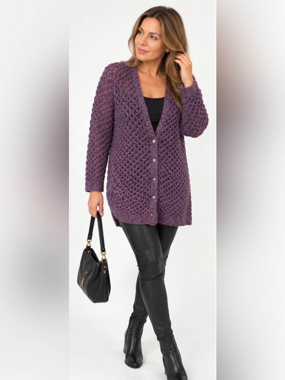Escada Sport Made in Italy Purple Mohair Look Open Knit Long Cardigan L